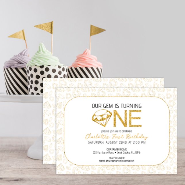 Convite para primeiro aniversario Gem Dourado com  (minimalist gem birthday party invitation in glitter gold, bold typography)