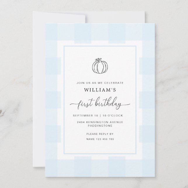 Convite para primeiro aniversario Gingham Azul de  (Frente)