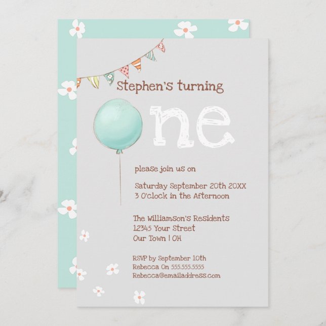 Convite para primeiros aniversarios Balões e Sinal (Frente/Verso)