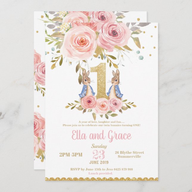 Convite para primeiros aniversarios Bunny Rabbit T (Frente/Verso)