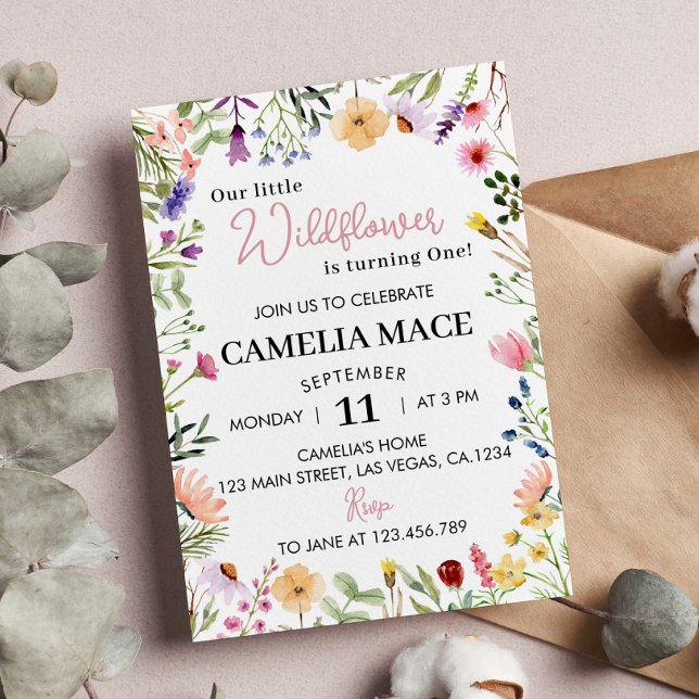 Convite para primeiros aniversarios de flor selvag (Criador carregado)