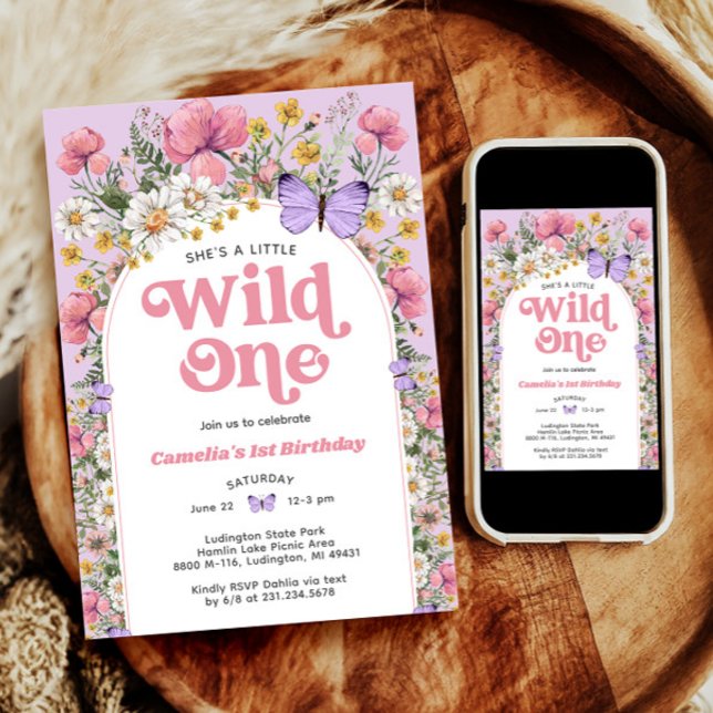 Convite para primeiros aniversarios de flor selvag (Butterfly Wildflower 1st Birthday Invitation
)