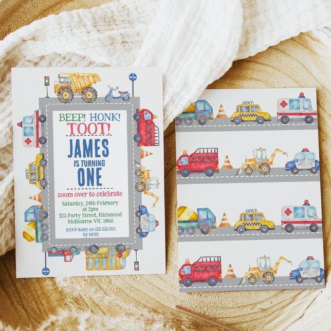 Convite para primeiros aniversarios de Transporte  (Cute transport themed boy's first birthday invitation with various vehicles, signs, lights and road)
