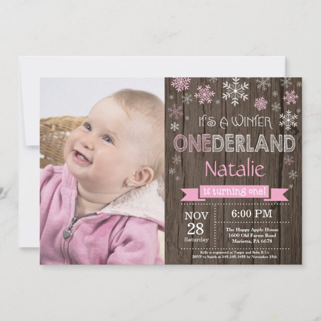 Convite para primeiros aniversarios Rustic Winter  (Frente)