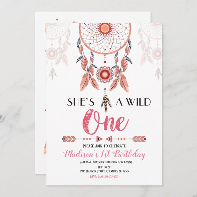 Convite para primeiros aniversarios Wild One Catch (Frente/Verso)