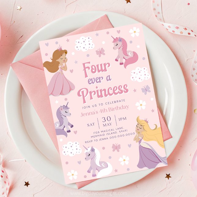 Convite para Princesa para Sempre. Quatro Sempre u (Princess and Unicorn Pink 4th Birthday Invitation)