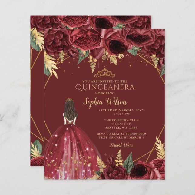 Convite para Princesa Quinceañera, Burgundia de Or (Frente/Verso)