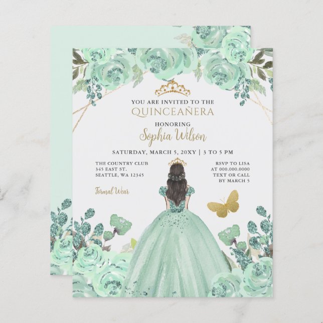 Convite para Princesa Quinceañera, Dourada de Casa (Frente/Verso)