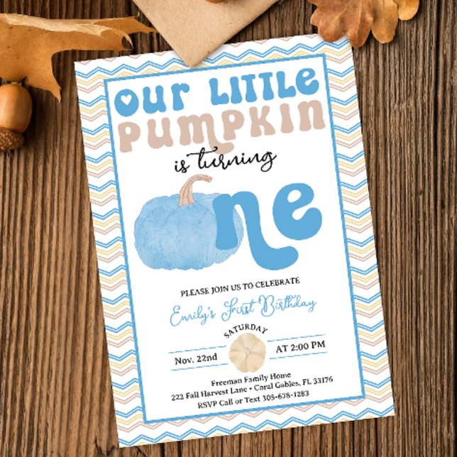 Convite para Pumpkin Azul Retro (Retro Typography Blue Pumpkin Our Little Pumpkin Birthday Invitation)
