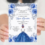Convite para Quinceanera Azul de Marinho Silver<br><div class="desc">Marinho Azul Flores Silver Quinceanera Convite Mis Quince Anos,  15 Aniversário,  Marinho Quinceanera Convite,  Flores Azuis,  Coroa Mis Quince Anos</div>