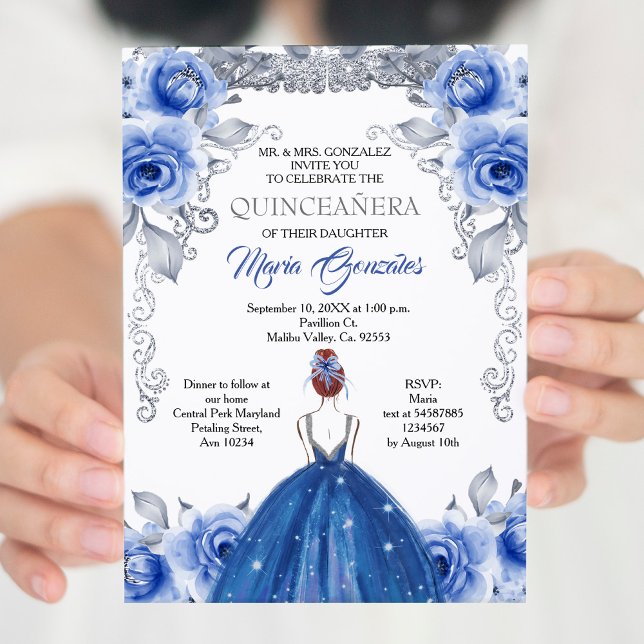 Convite para Quinceanera Azul de Marinho Silver (Criador carregado)