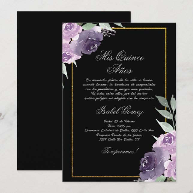 Convite para Quinceanera de Flor Roxo Preto (Frente/Verso)