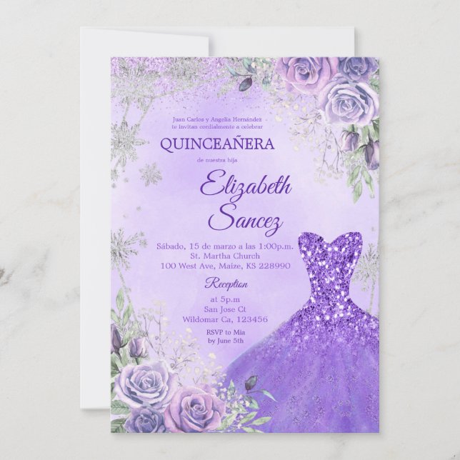 Convite para Quinceanera de inverno em Roxo e Prat (Frente)