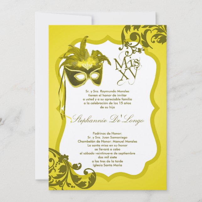 Convite para Quinceanera de Mascarada amarelo 5x7 (Frente)