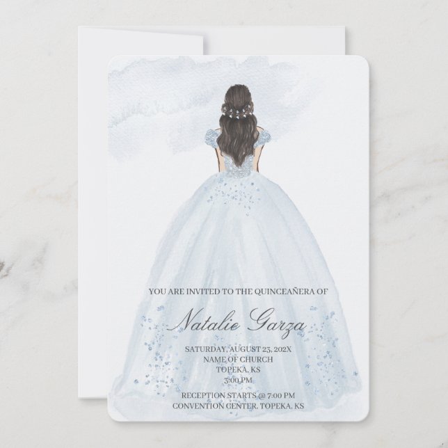 Convite para quinceañera de vestido azul claro (Frente)