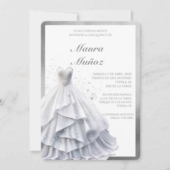 Convite para quinceañera de vestido branco (Frente)