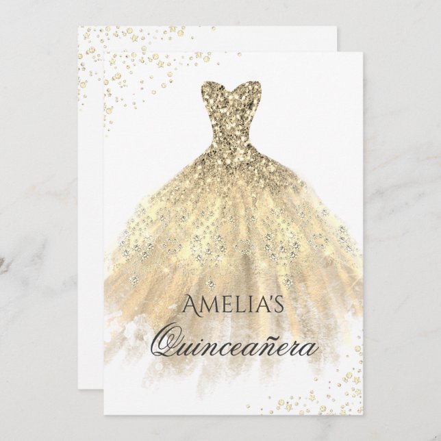 Convite para Quinceanera de Vestido Dourado (Frente/Verso)