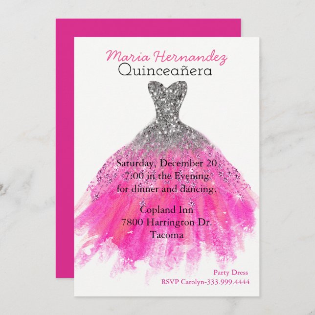 Convite para Quinceañera de Vestido Glam (Frente/Verso)