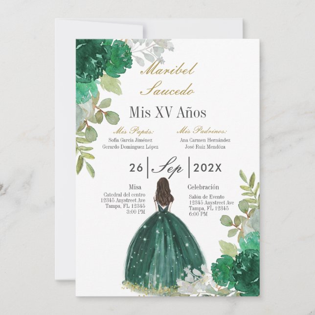 Convite para quinceañera de vestido verde (Frente)
