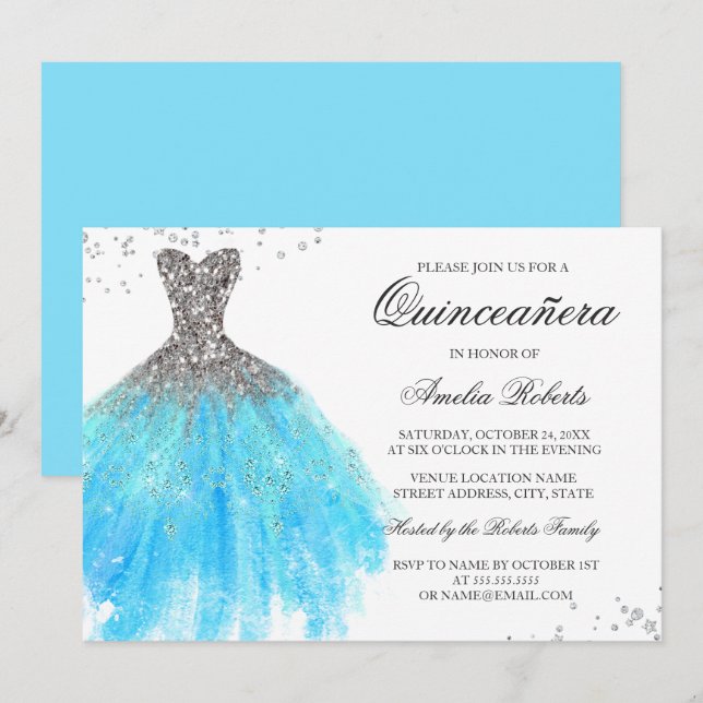 Convite para Quinceanera de vestimenta Azul (Frente/Verso)