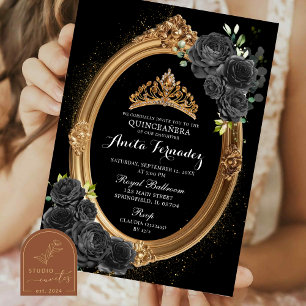 Convite para Quinceanera Dourada e Preta Elegante