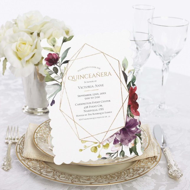 Convite para Quinceañera Elegante Burgundy (Criador carregado)