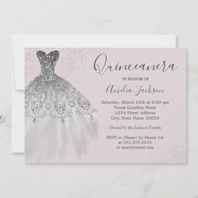 Convite para Quinceanera Elegante Gown Dusty Pink (Frente)