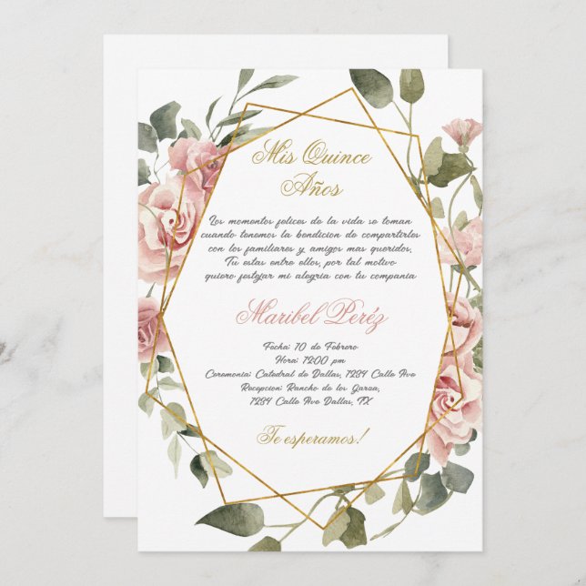 Convite para quinceanera, flor rosa (Frente/Verso)