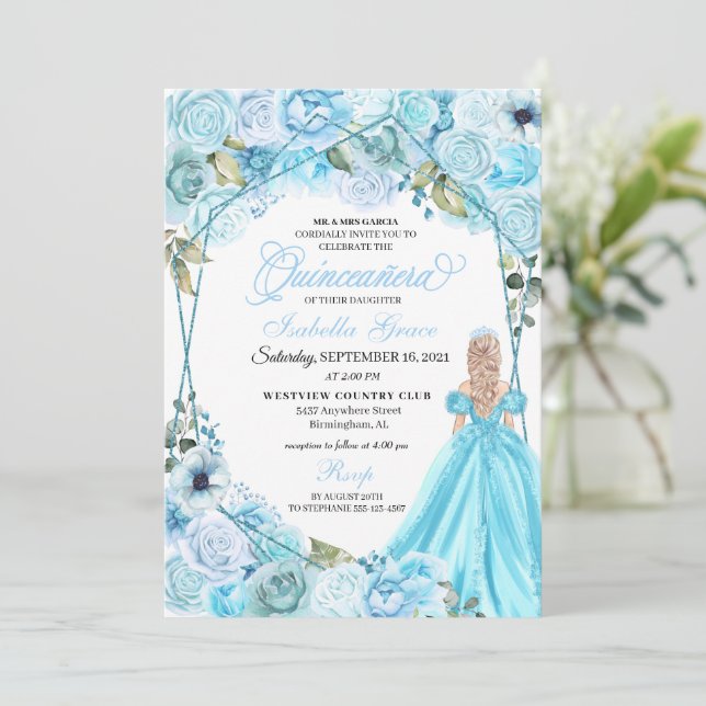 Convite para Quinceanera Floral Azul do Céu Elegan (Em pé/Frente)