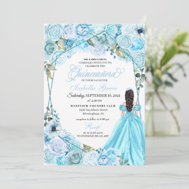 Convite para Quinceanera Floral Azul do Céu Elegan (Em pé/Frente)