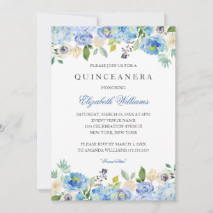 Convite para Quinceanera Floral Azul Elegante