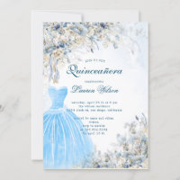 Convite para Quinceañera, floral azul empoeirado