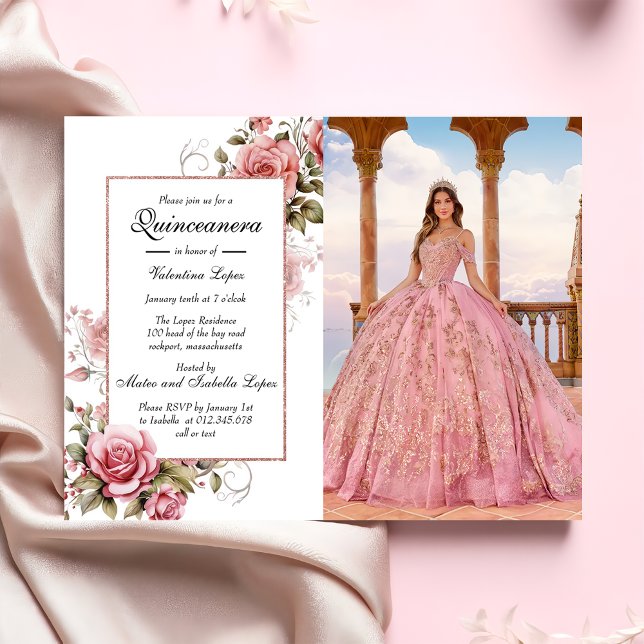 Convite para Quinceanera Floral Cor-de-Rosa Escamu (Criador carregado)