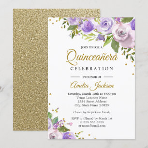 Convite para Quinceanera Floral Dourado Roxo
