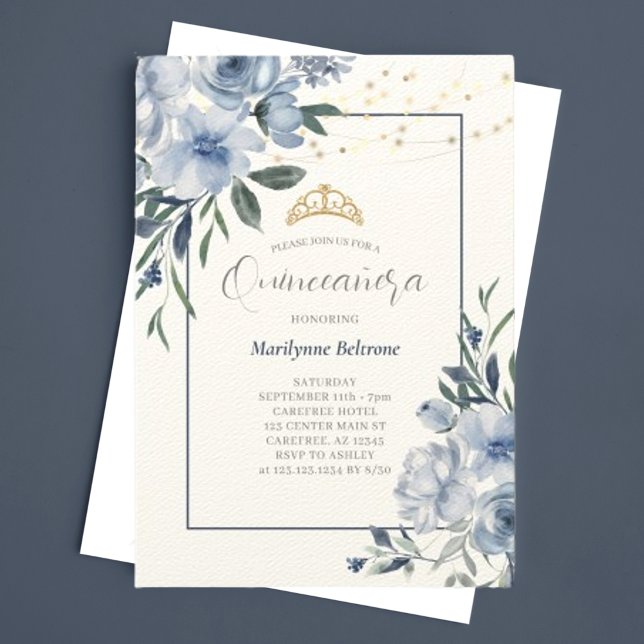 Convite para Quinceañera Floral Dusty Blue (Criador carregado)