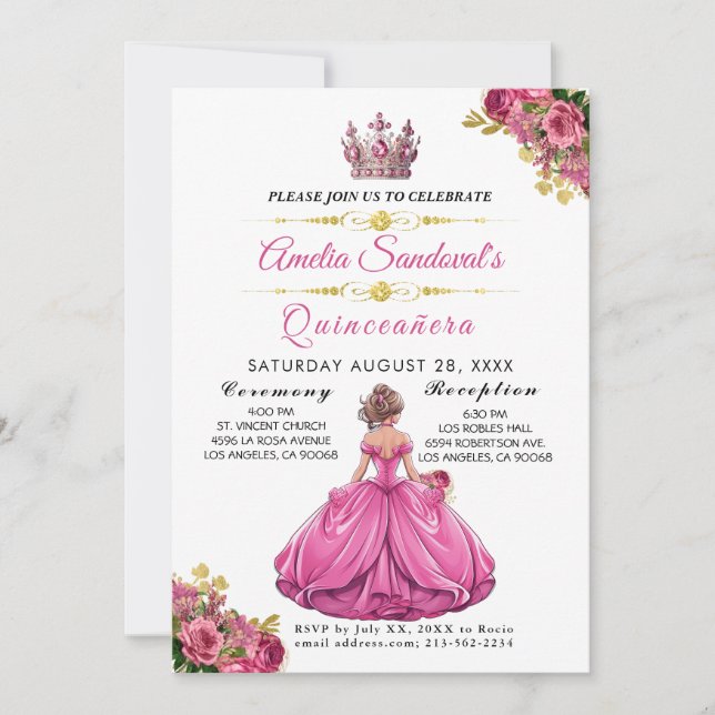 Convite para Quinceanera Floral Elegante Dourado R (Frente)
