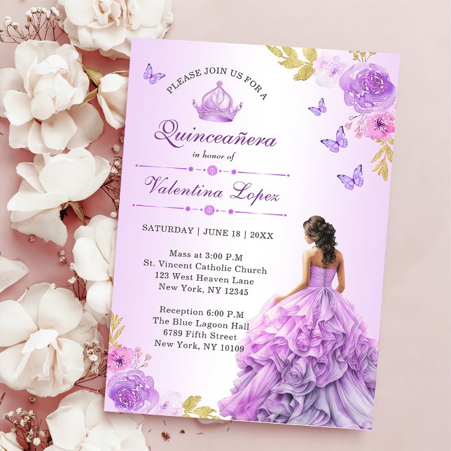 Convite para Quinceañera Floral Púrpura Elegante (Criador carregado)
