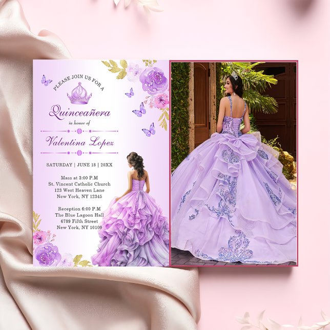 Convite para Quinceañera Floral Púrpura Elegante (Criador carregado)