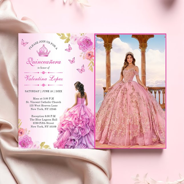 Convite para Quinceañera Floral Rosa-Escamudo Eleg (Criador carregado)