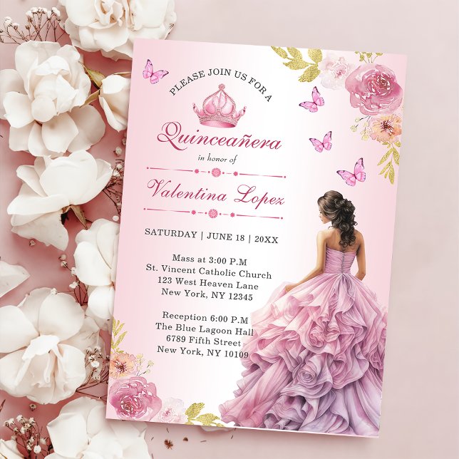 Convite para Quinceañera Floral Rosa-Escamudo Eleg (Criador carregado)