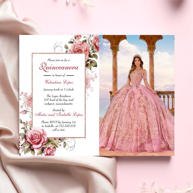 Convite para Quinceañera Floral Rosa-Escamudo Eleg (Criador carregado)