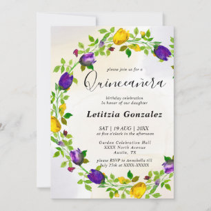 Convite para Quinceañera Floral Roxo Elegante