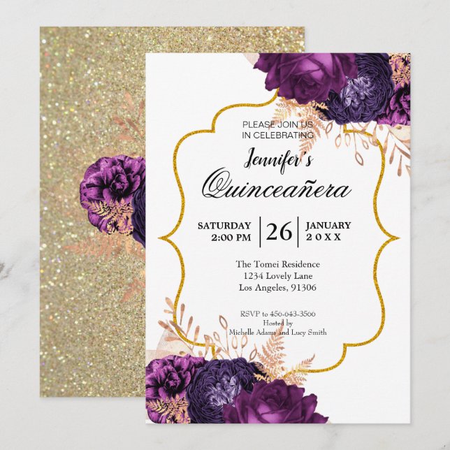 Convite Para Quinceanera Floral Roxo-Luminosa (Frente/Verso)