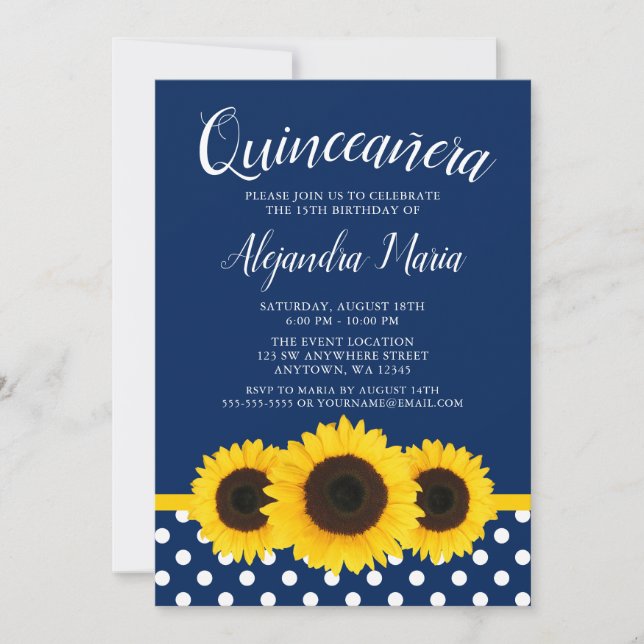 Convite para Quinceanera Marinho de Girassol Azul (Frente)