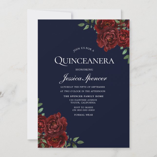 Convite para Quinceanera, Marinho e Rosa vermelha  (Frente)