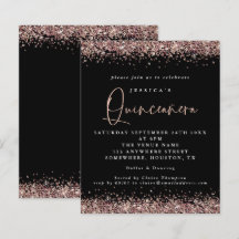 Convite para Quinceanera Preta de Glitter Dourado 