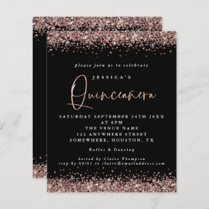 Convite para Quinceanera Preta de Glitter Dourado