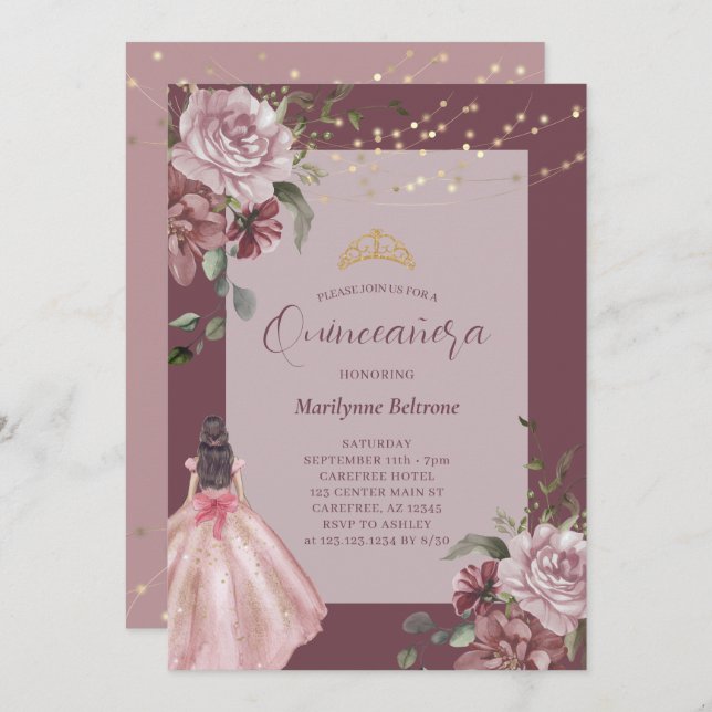 Convite para Quinceañera Princesa Floral Elegante (Frente/Verso)