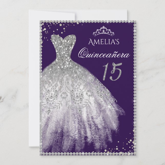 Convite para Quinceanera Puro de Prata de Vestido  (Frente)