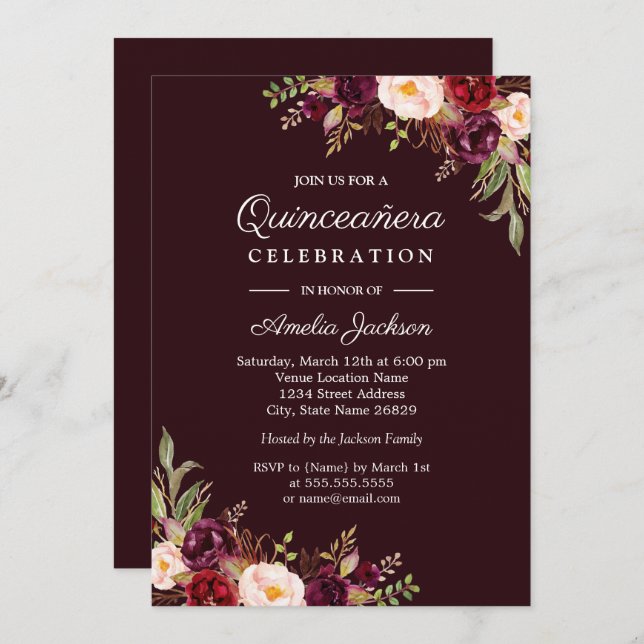 Convite para Quinceanera Red Floral de Borgonha Pr (Frente/Verso)